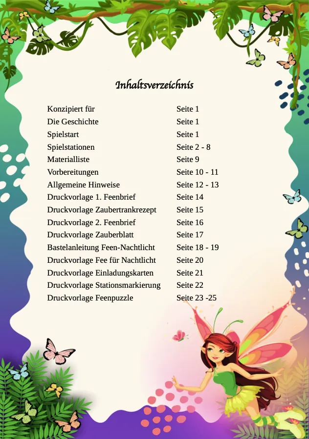 Schnitzeljagd Feen – Inhaltsverzeichnis