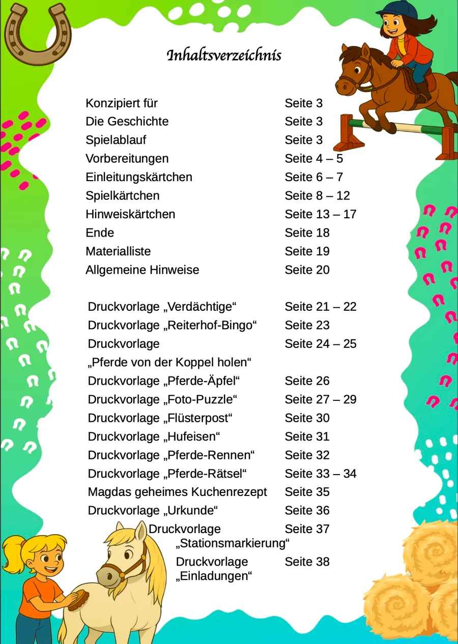 Schnitzeljagd Reiterhof & Pferde – Inhaltsverzeichnis