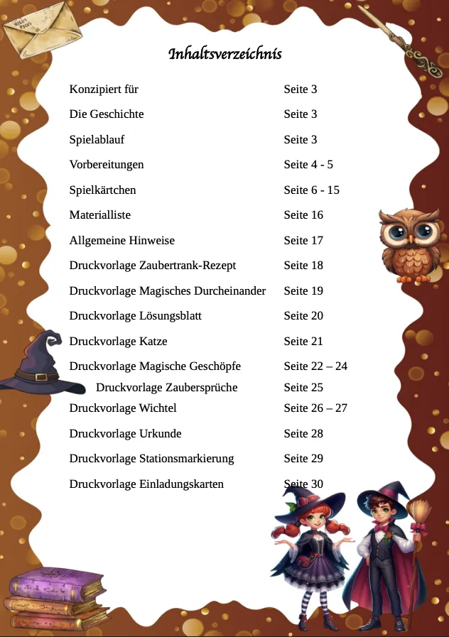 Schnitzeljagd Zauberschule – Inhaltsverzeichnis