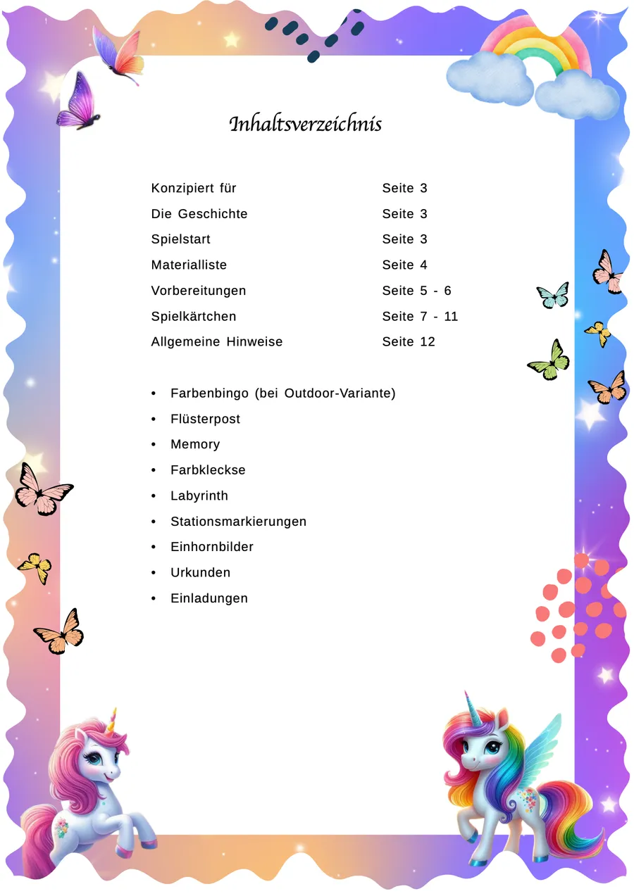 Schnitzeljagd Einhorn Happy – Inhaltsverzeichnis