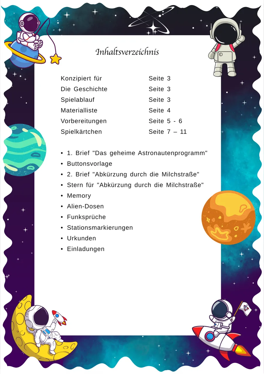 Schnitzeljagd Astronaut & Weltraum – Inhaltsverzeichnis