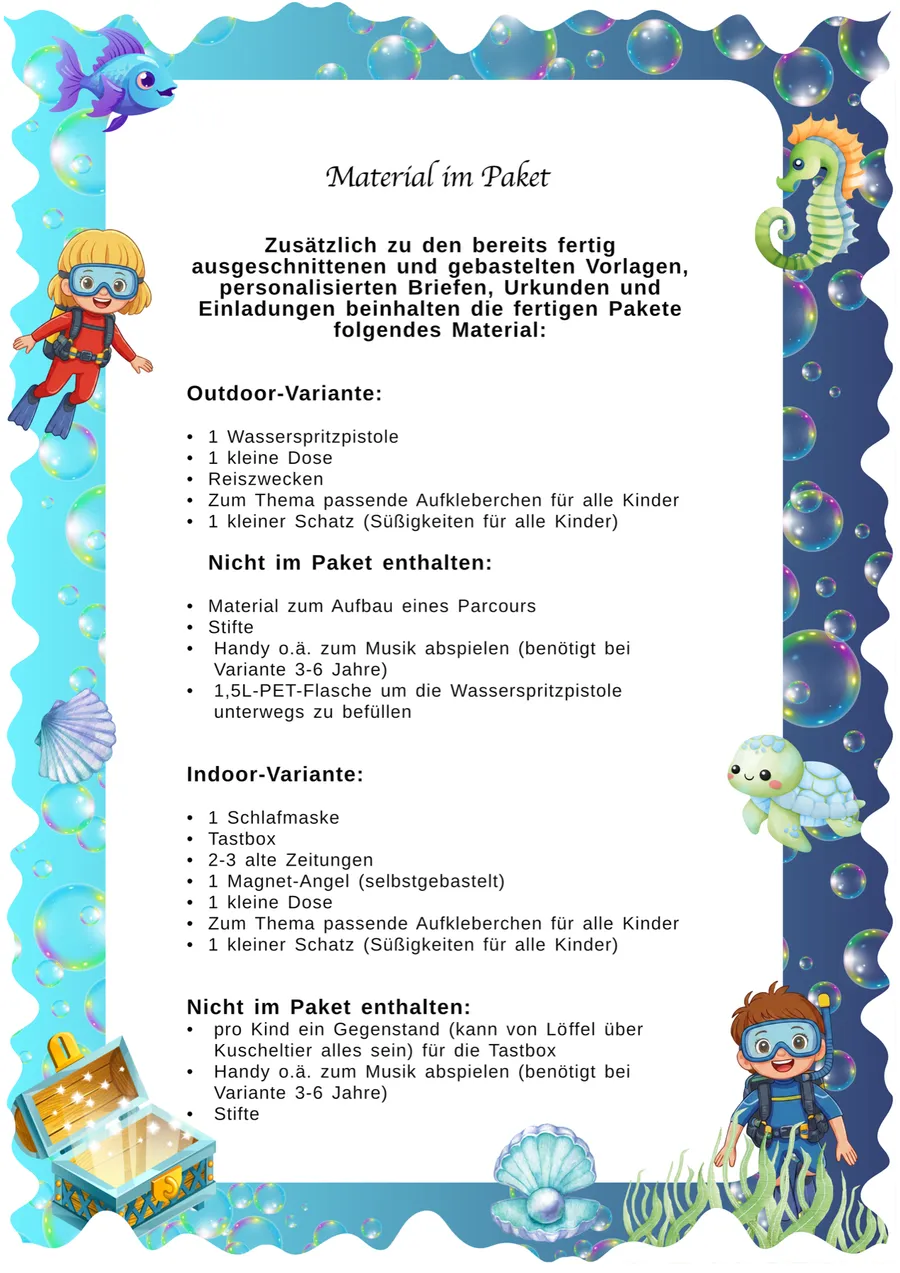 Schnitzeljagd Unterwasser-Abenteuer – Materialübersicht