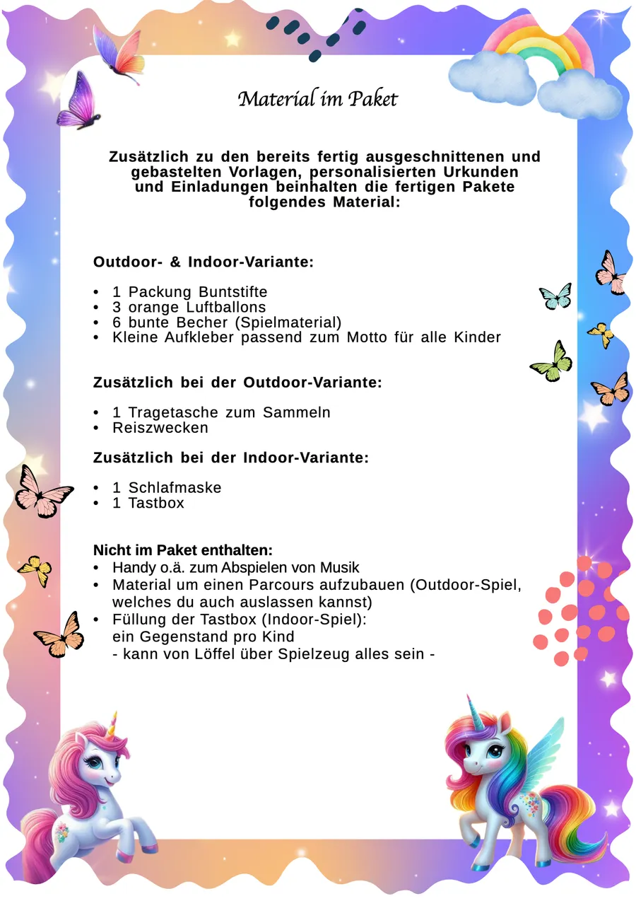 Schnitzeljagd Einhorn Happy – Materialübersicht